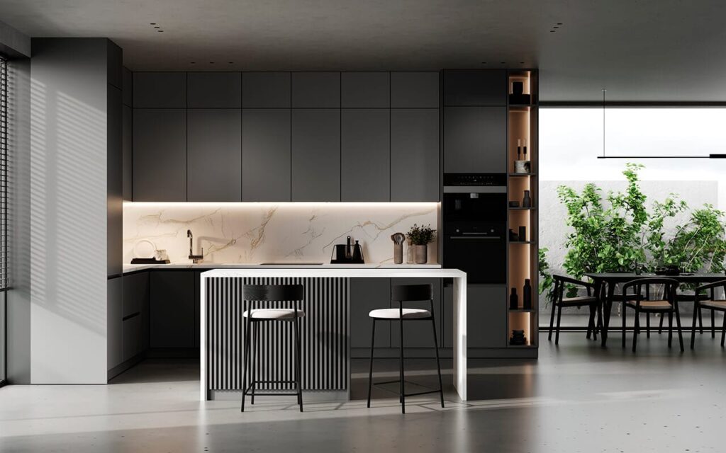 Modern matte black indoor kitchen with waterproof PVC cabinets by Evolux Cabinets.