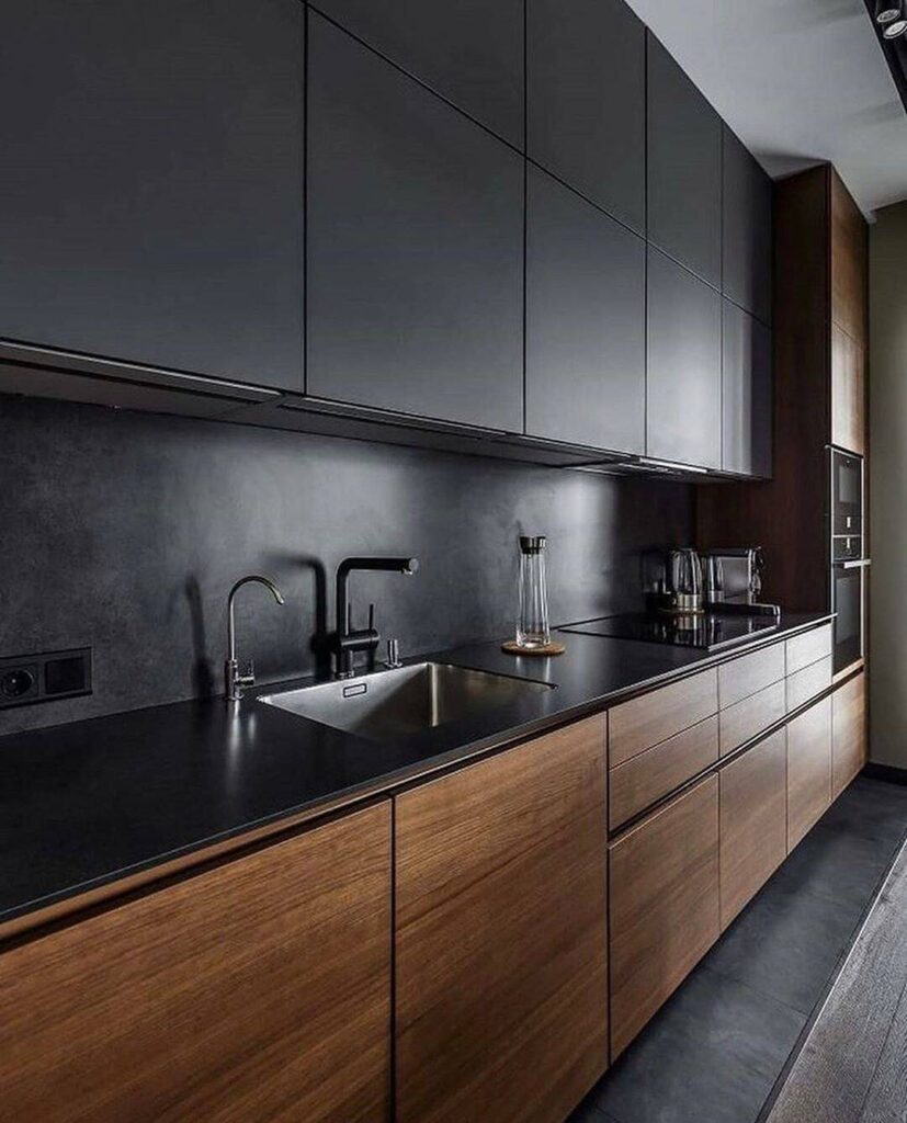 Modern waterproof black and wood PVC kitchen by Evolux Cabinets in Brevard County Florida — elegant custom indoor design.