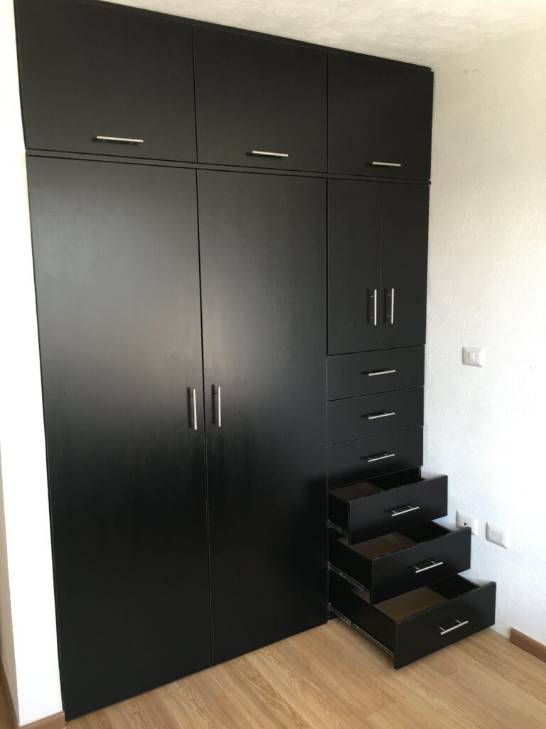 Modern black waterproof PVC closet built by Evolux Cabinets in Brevard County Florida — custom storage design.