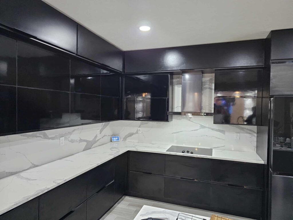 Modern black waterproof PVC kitchen cabinets designed by Evolux Cabinets in Brevard County Florida with marble-style countertops.