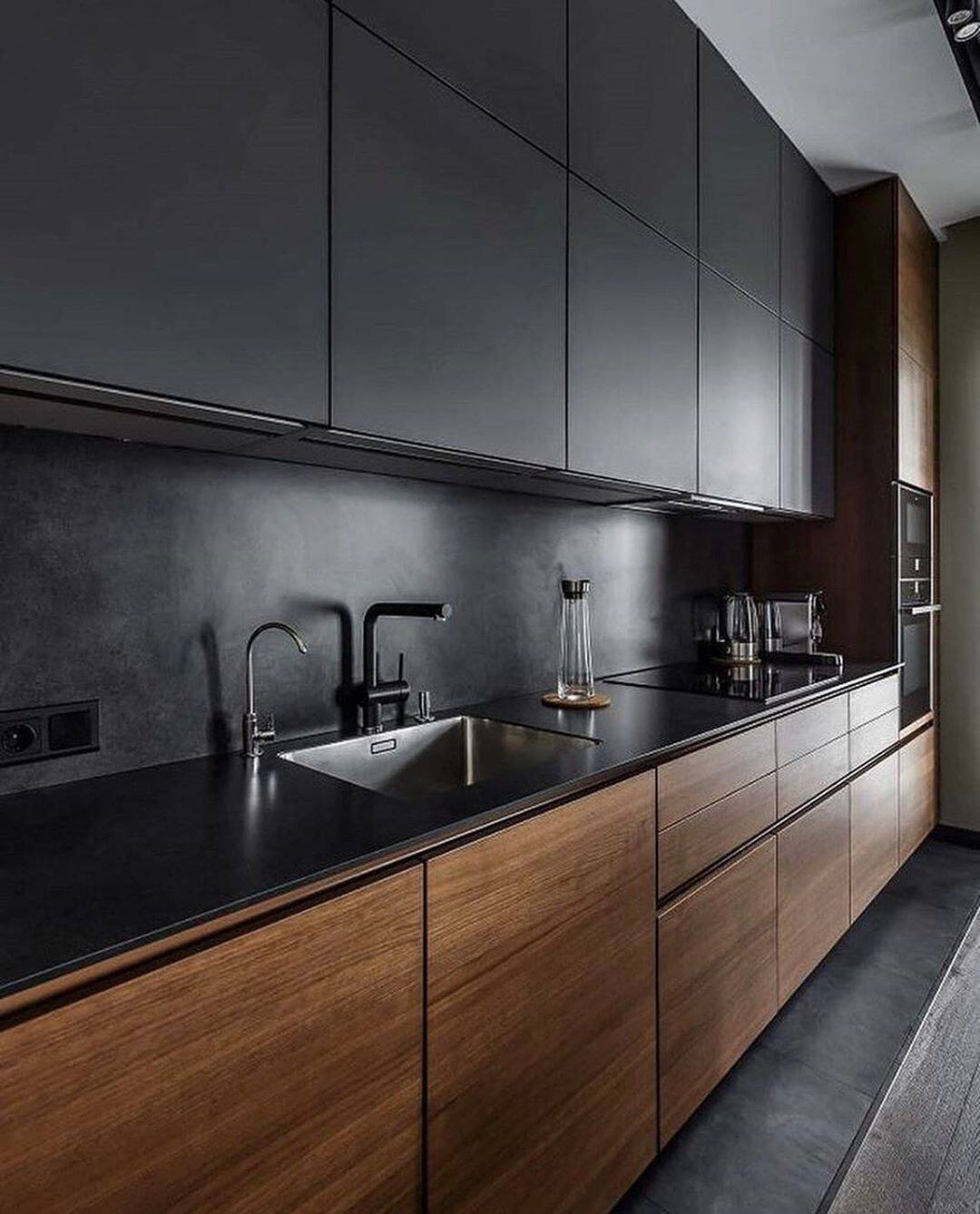 Modern black and wood kitchen by Evolux Cabinets