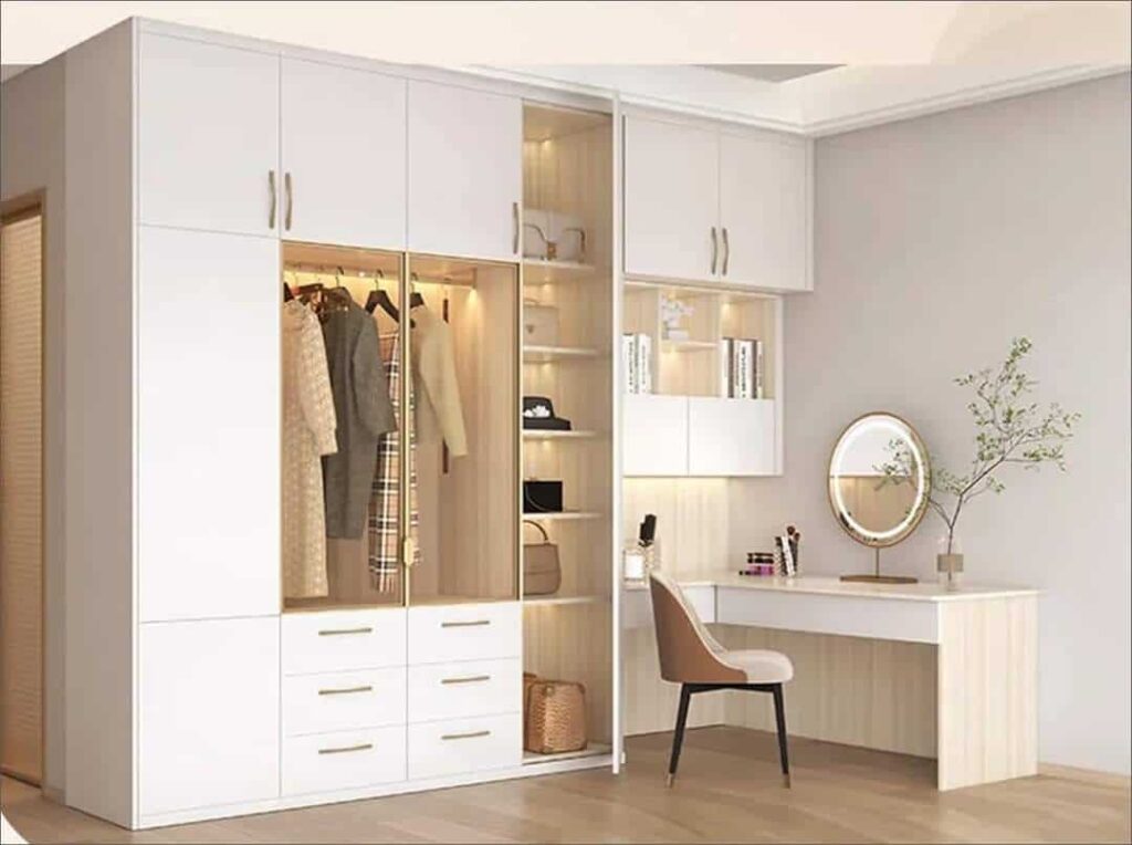Modern PVC built-in closet with integrated vanity and LED lighting by Evolux Cabinets in Brevard County, Florida.