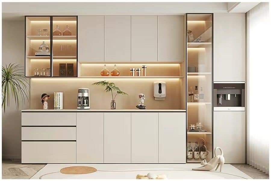 Modern bar and coffee cabinet with LED shelves and waterproof PVC finish by Evolux Cabinets.