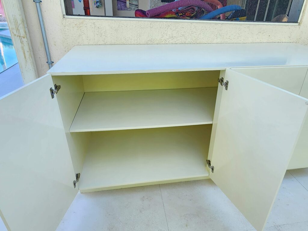 Outdoor waterproof PVC storage cabinet for poolside and patio organization by Evolux Cabinets.