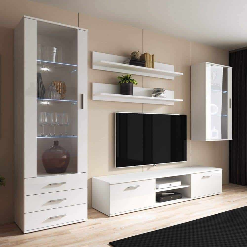 Modern white entertainment wall unit with LED lighting and waterproof PVC cabinets by Evolux Cabinets.