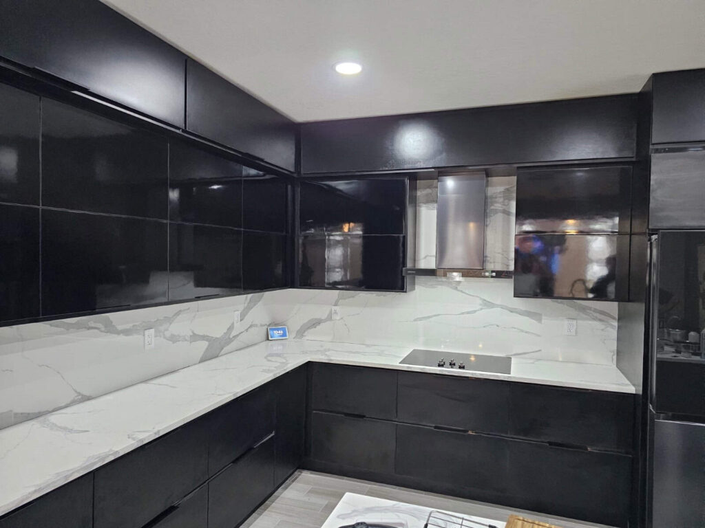 Modern black waterproof PVC kitchen cabinets designed by Evolux Cabinets in Brevard County Florida with marble-style countertops.
